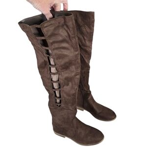 JC Brown Faux Suede Ladder Side Cut Out Knee High Boots 8.5 Low Heel